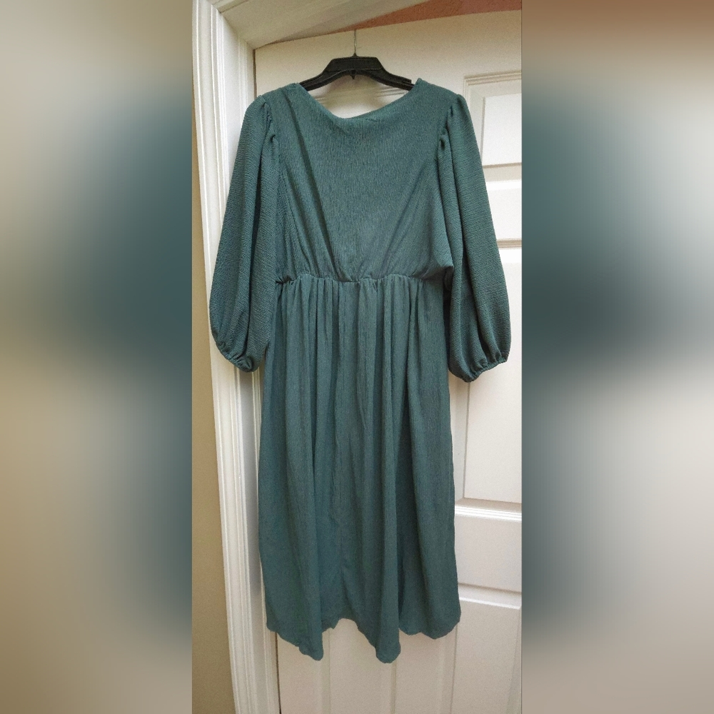 NWT R Collection Teal Empire Waist Crinkle Midi Dress w/pockets lined L/XL - Picture 3 of 8